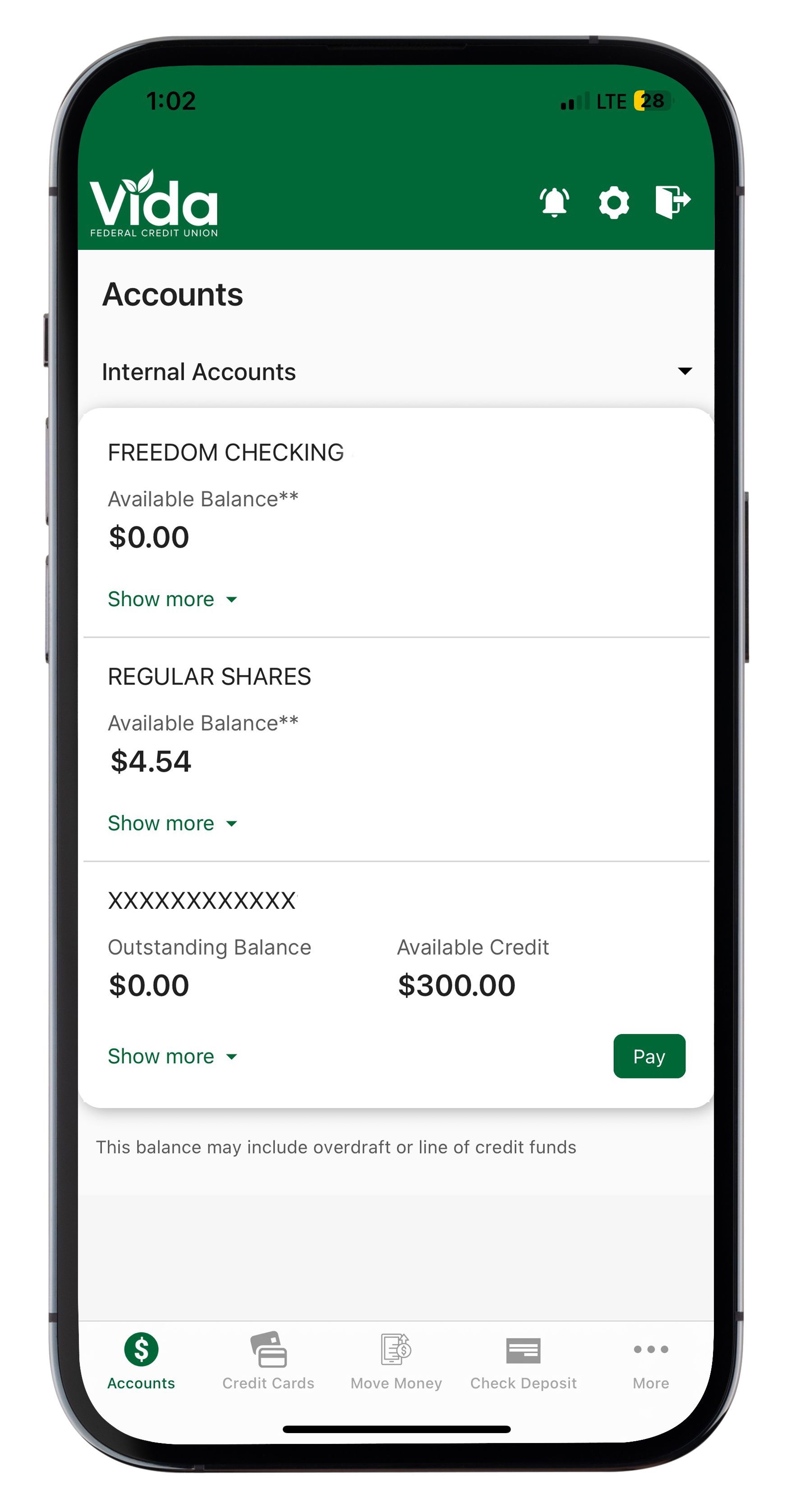 Vida FCU mobile app pic account dashboard