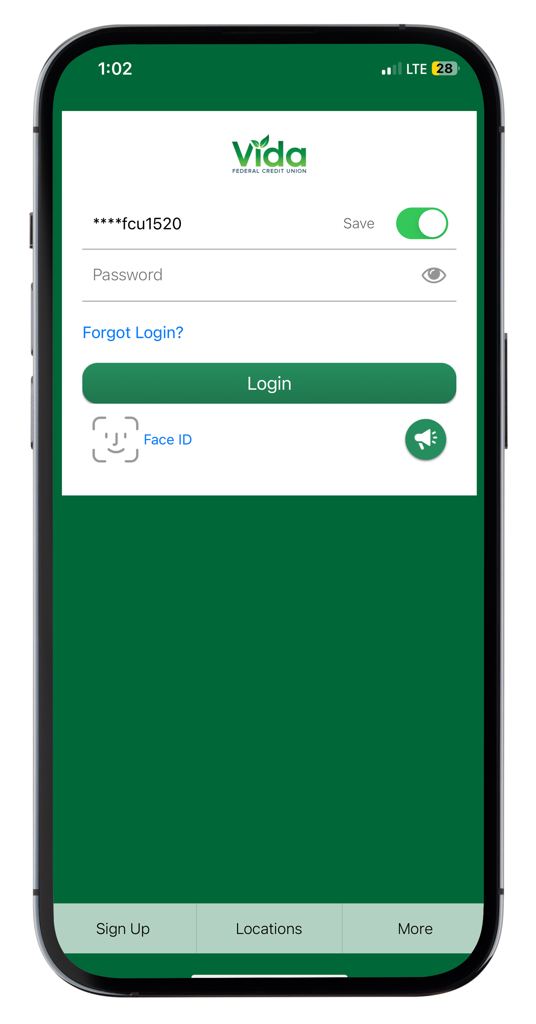 Vida FCU mobile app pic login page
