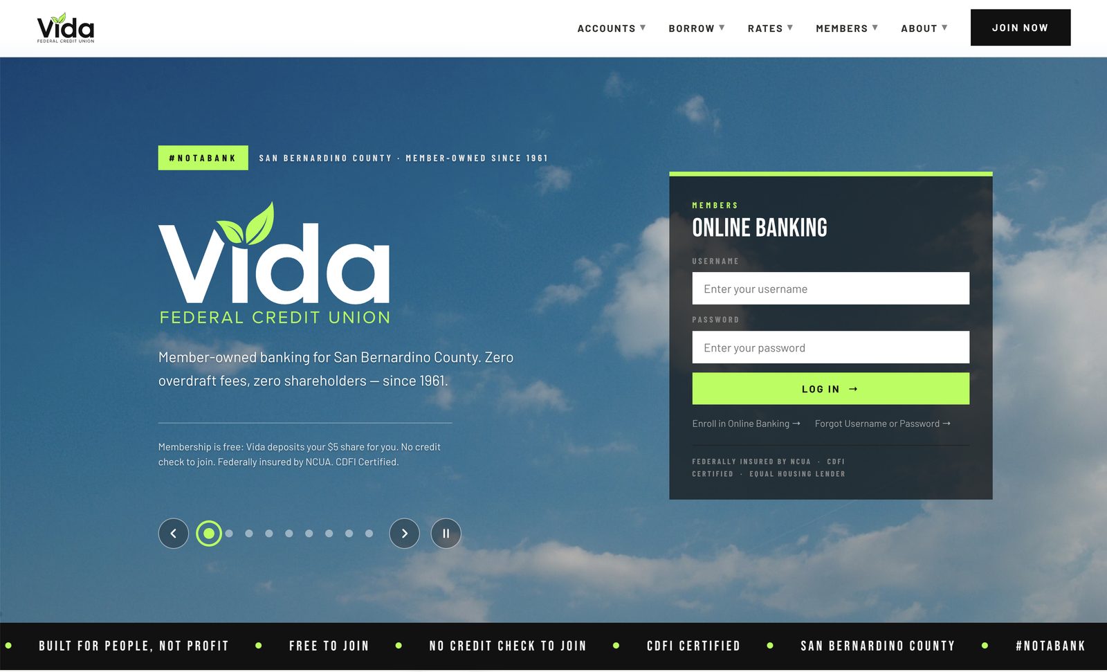 The new vidafcu.org home page: the Vida logo over a blue sky, the Online Banking log-in box on the right, and the menu Accounts, Borrow, Rates, Members and About across the top.